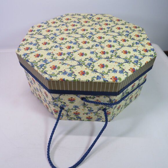 Floral Hexagon Hat Box Yellow & Blue 11 1/2" wide Storage Box with rope closure - Picture 1 of 11